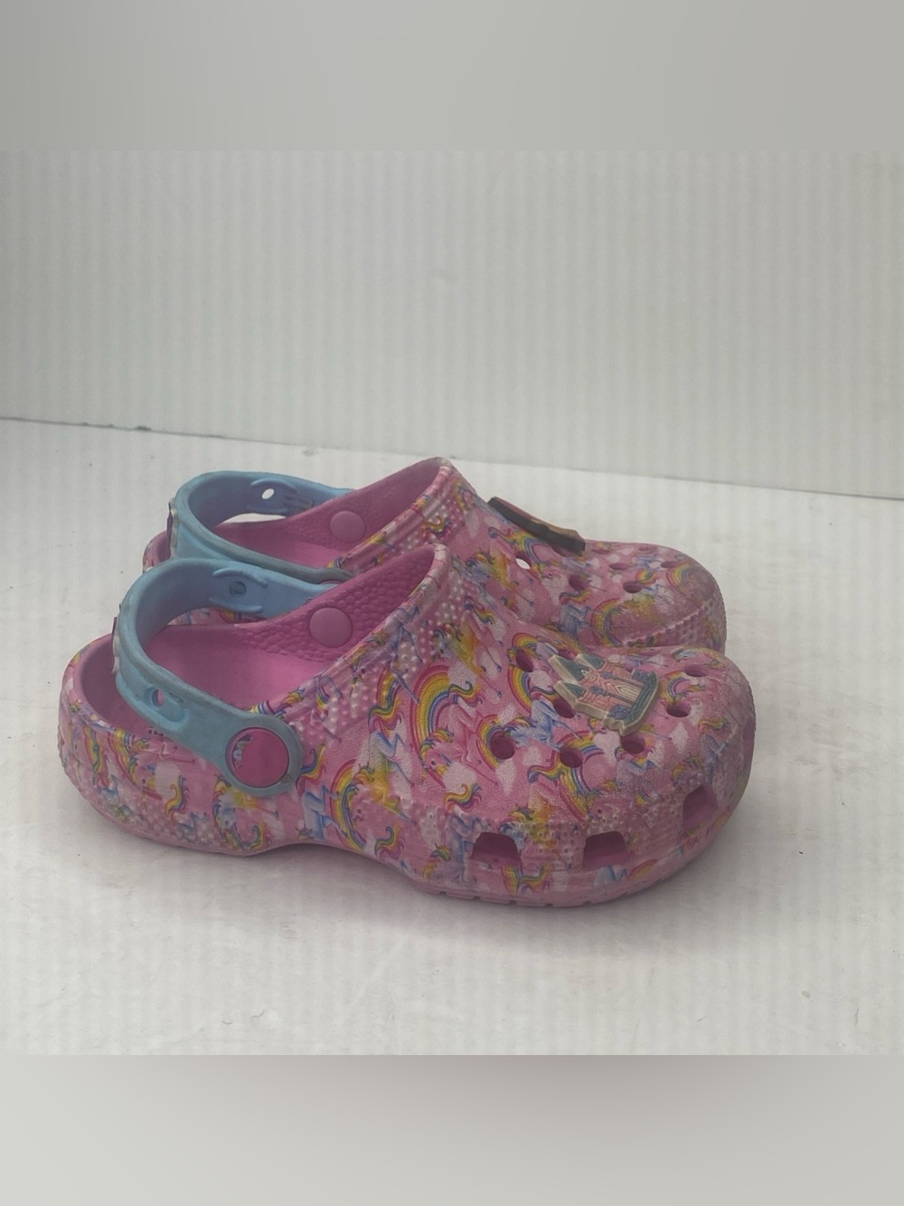 CROCS Pink Rainbow Print Clogs with Blue Heel Strap